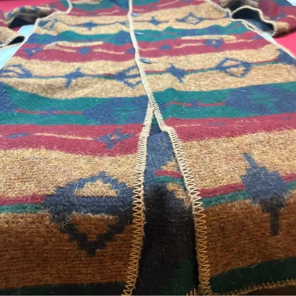 Southwestern Tan Blue Aztec Wool DUSTER Hooded Blanket Coat REVERSIBLE Button Up